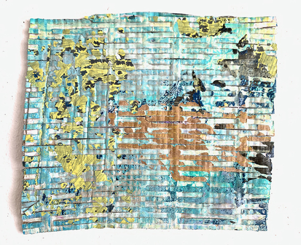 ShyTiding 14v, acrylic on cardboard shred mat, 9.5” x 11”, 2024
